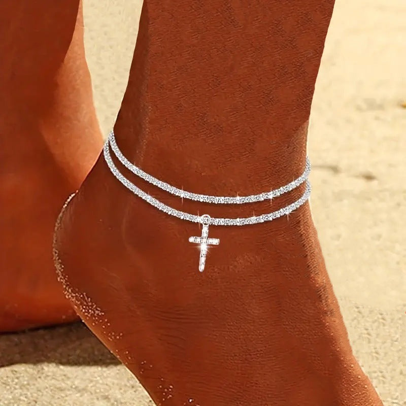 Female Fashion Cross Double-circle Anklet - Chic Angle